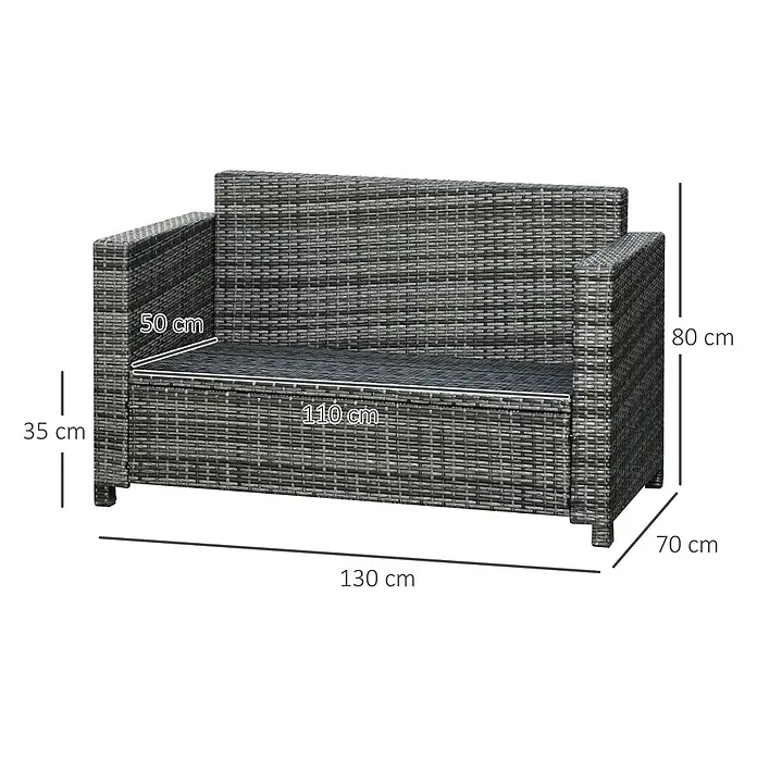 Outsunny Loungesofa - B x T x H: 70 x 70 x 80 cm, Metall, PE-Rattan, Grau - Graues Polyrattan-Gartensofa für zwei Personen, Maße 130x70x80 cm (LxTxH), Sitzhöhe 35 cm.