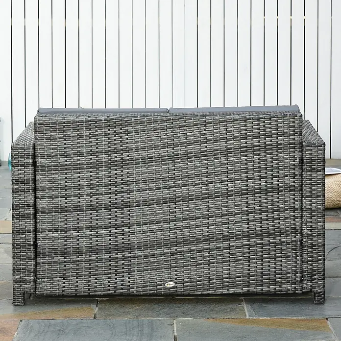 Outsunny Loungesofa - B x T x H: 70 x 70 x 80 cm, Metall, PE-Rattan, Grau - Graues Rattan-Gartensofa mit dunkelgrauen Kissen, von hinten gesehen.