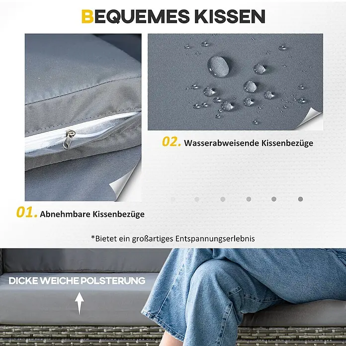 Outsunny Loungesofa - B x T x H: 70 x 70 x 80 cm, Metall, PE-Rattan, Grau - Bequemes graues Kissen mit abnehmbarem, wasserabweisendem Bezug und dicker, weicher Polsterung.