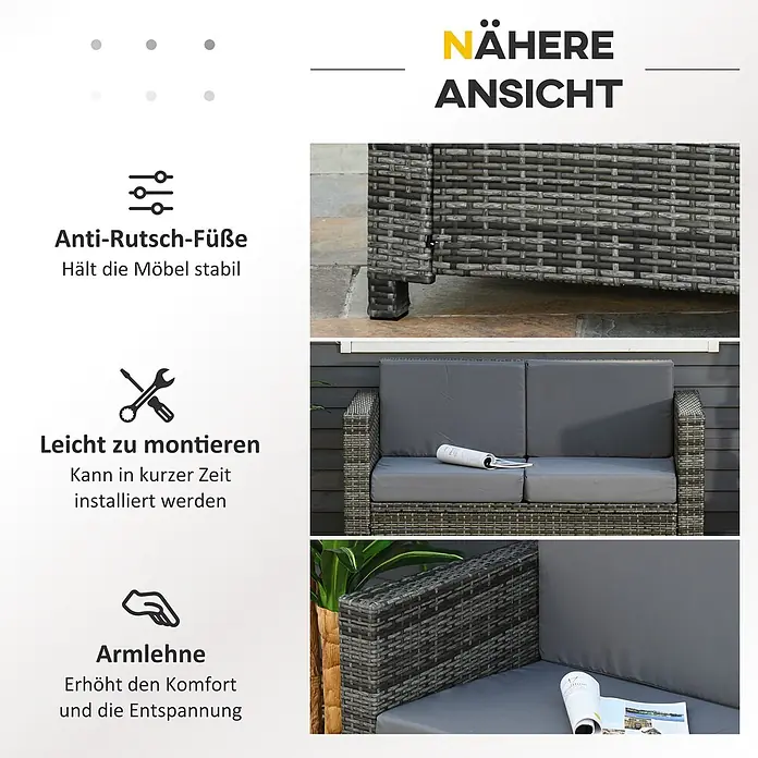 Outsunny Loungesofa - B x T x H: 70 x 70 x 80 cm, Metall, PE-Rattan, Grau - Nahaufnahme grauer Rattan-Gartenmöbel, die rutschfeste Füße, Webstruktur und Armlehnen mit grauen Kissen zeigen.