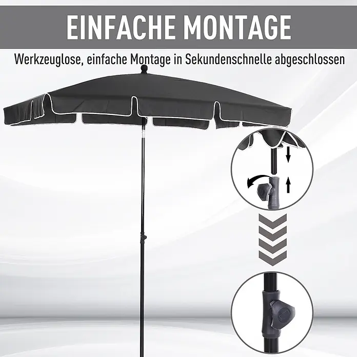 Outsunny Marktschirm - Grau - Schwarzer Sonnenschirm mit weißem Rand, der seinen werkzeuglosen Montagesmechanismus (Verbindungsstange und Schraubknopf) zur schnellen Einrichtung zeigt.