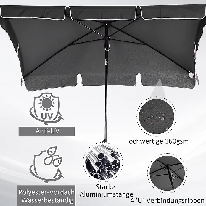 Outsunny Marktschirm - Grau - Dunkelgrauer Sonnenschirm mit UV-Schutz, wasserabweisendem 160gsm Polyesterdach, starker Aluminiumstange und 4 U-förmigen Verbindungsrippen.