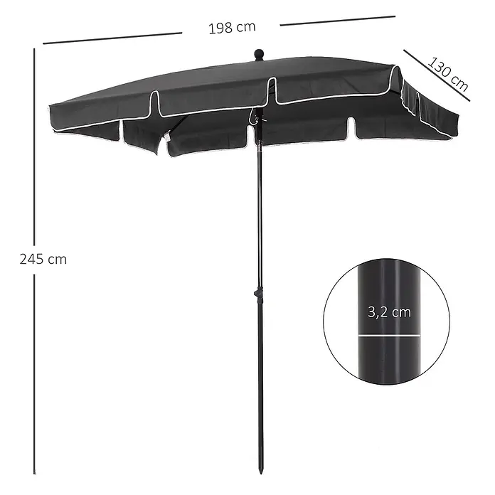 Outsunny Marktschirm - Grau - Schwarzer Sonnenschirm mit weißem Rand, 198 cm Spannweite, 245 cm hoch, 3,2 cm Mastdurchmesser.