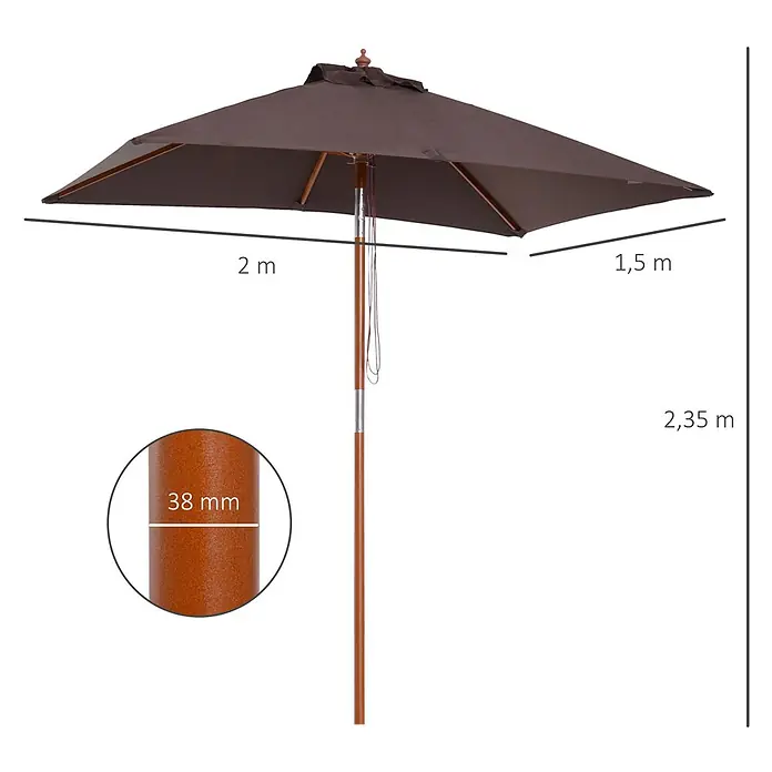 Outsunny Marktschirm - Kaffeebraun - Brauner rechteckiger Gartenschirm mit Holzstange, 2x1,5m Schirmdach, 2,35m hoch, 38mm Stockdurchmesser.