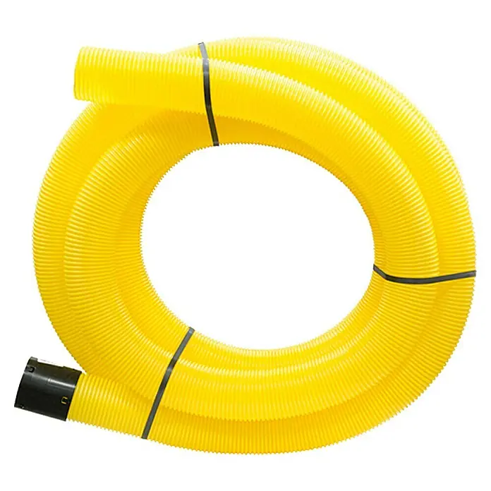 ACO Master Drainagerohr Meterware - Durchmesser: 100 mm, Max. Zuschnittsmaß: 50 m, Ungelocht - Gelber Abwasserschlauch mit gerippter Oberfläche, der mit schwarzen Kabelbindern zusammengehalten wird.
