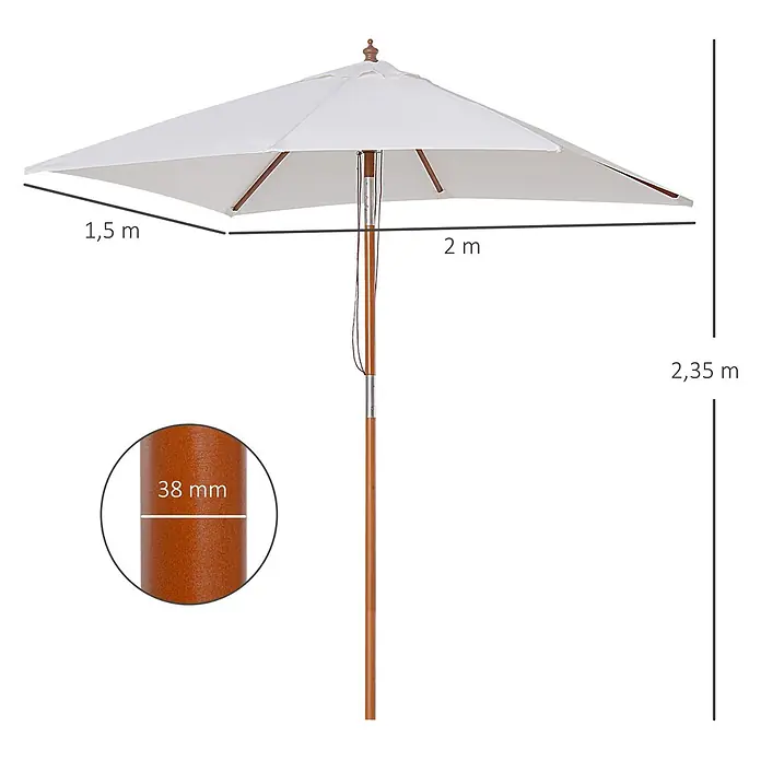 Outsunny Marktschirm - Weiß - Weißer, rechteckiger Gartenschirm mit Holzstange. Schirmdach 1,5x2m, Höhe 2,35m, Stange Ø38mm.
