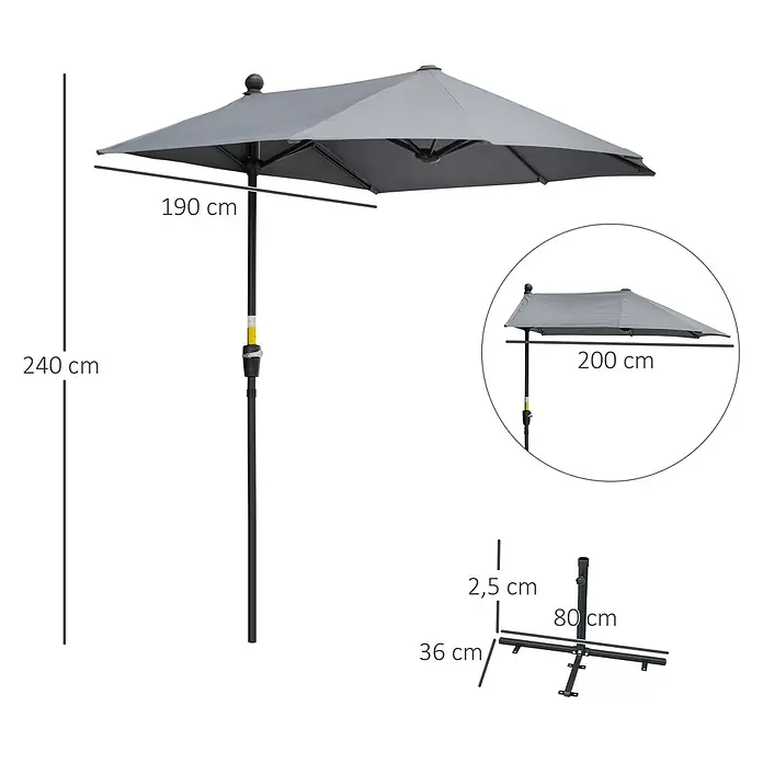 Outsunny Marktschirm - Dunkelgrau - Grauer rechteckiger Gartenschirm mit schwarzem Stock und Kreuzfuß.