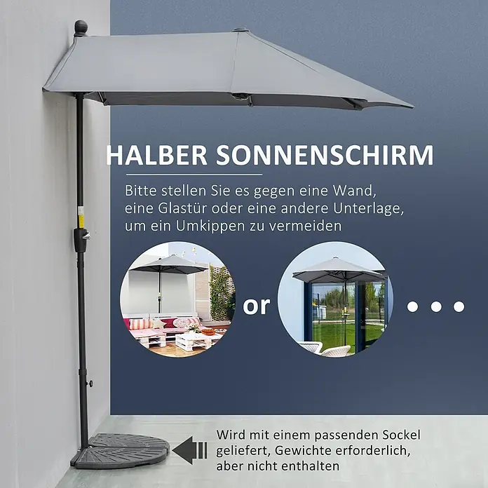 Outsunny Marktschirm - Dunkelgrau - Grauer halber Sonnenschirm mit Ständer, zum Anlehnen an eine Wand konzipiert. Gewichte für den Fuß sind separat erhältlich.