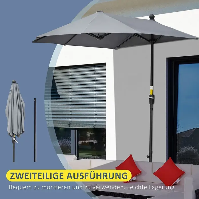Outsunny Marktschirm - Dunkelgrau - Grauer Sonnenschirm mit zweiteiligem Mast, geöffnet und geschlossen gezeigt, betont leichte Montage und Lagerung.