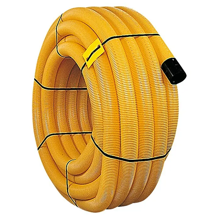 ACO Master Drainagerohr Meterware - Durchmesser: 100 mm, Max. Zuschnittsmaß: 50 m, Gelocht - Ein aufgerolltes, gelbes Drainagerohr, mit schwarzen Bändern fixiert und einem schwarzen Verschluss am Ende.