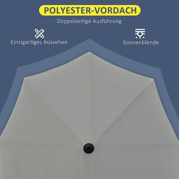 Outsunny Marktschirm - Dunkelgrau - Unterseite eines hellgrauen Polyester-Vordachs mit Stoffbahnen und zentralem schwarzen Beschlag.