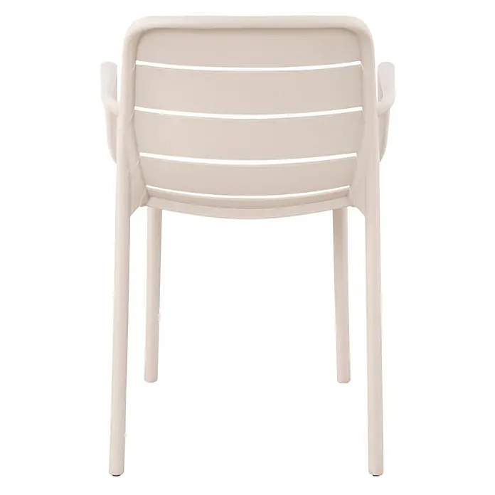 Ebuy24 Gartenstuhl Silja - Kunststoff, Sandfarben, B x T x H: 55 x 57 x 80 cm - Rückenansicht eines hellbeigen Plastikstuhls mit Lattenlehne und Armlehnen.