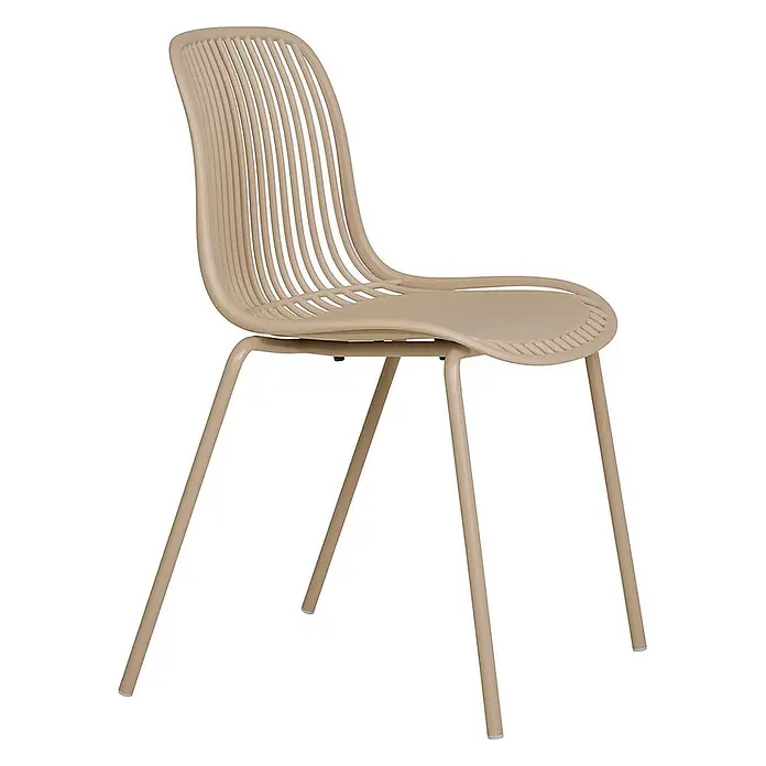Ebuy24 Gartenstuhl Branson 4er-Set - 4 Stk., PP, Stahl, Sandfarbe, B x T x H: 47 x 55 x 82 cm - Hellbrauner Stuhl mit Lamellenrücken und passenden Metallbeinen.