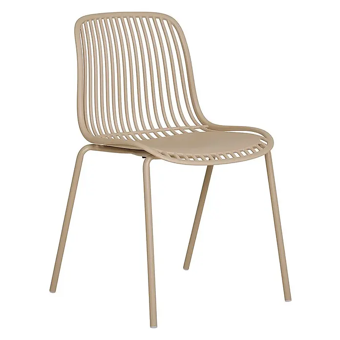 Ebuy24 Gartenstuhl Branson 4er-Set - 4 Stk., PP, Stahl, Sandfarbe, B x T x H: 47 x 55 x 82 cm - Beiger Formstuhl mit Lattenrückenlehne und schlanken, farblich passenden Beinen.