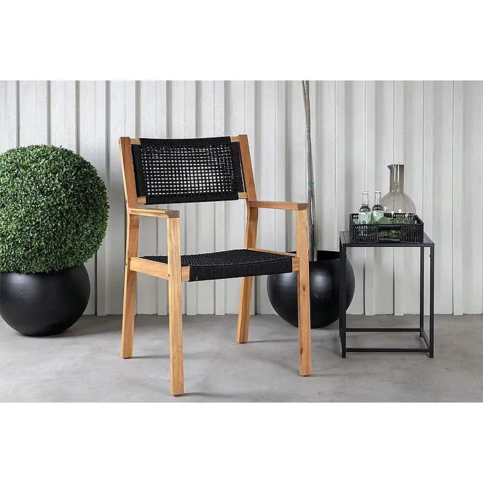 Ebuy24 Gartenstuhl Little 2er-Set - 100 % Polyester (Seil), Akazie, Schwarz, B x T x H: 58 x 64 x 88 cm - Holzstuhl mit schwarzem Geflecht für Sitz und Rücken, geeignet für den Außenbereich.