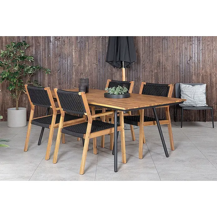Ebuy24 Gartenstuhl Little 2er-Set - 100 % Polyester (Seil), Akazie, Schwarz, B x T x H: 58 x 64 x 88 cm - Hölzernes Outdoor-Essgruppe mit rechteckigem Tisch und sechs Stühlen mit schwarzen geflochtenen Sitzen und Rückenlehnen, für die Terrasse geeignet.
