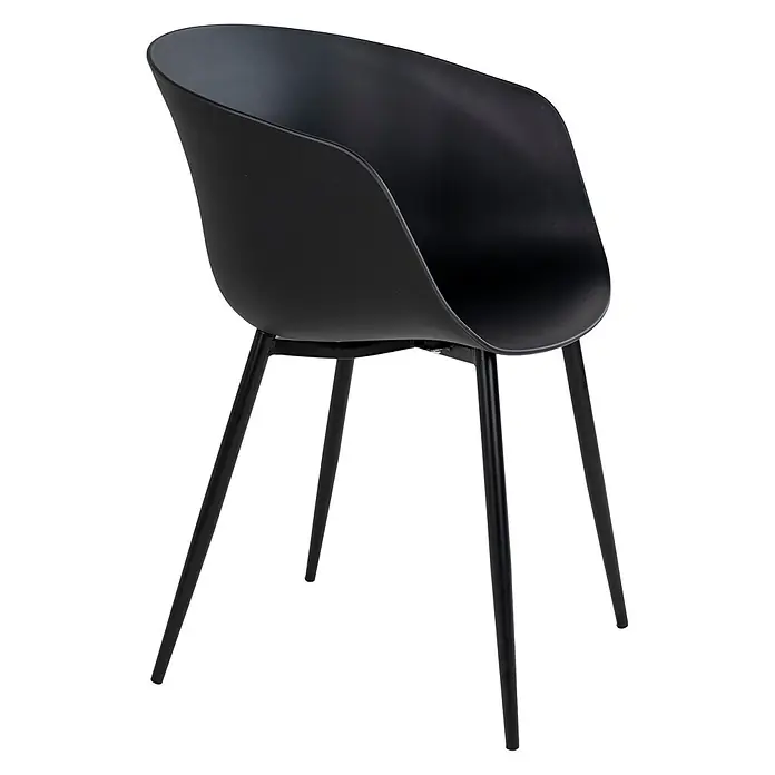 Ebuy24 Gartenstuhl Rolino 2er-Set - 2 Stk., Kunststoff Sitz und Stahlbeine, Schwarz, B x T x H: 57 x 70 x 80 cm - Schwarzer moderner Esszimmerstuhl mit geschwungener Sitzschale und vier schlanken schwarzen Beinen.