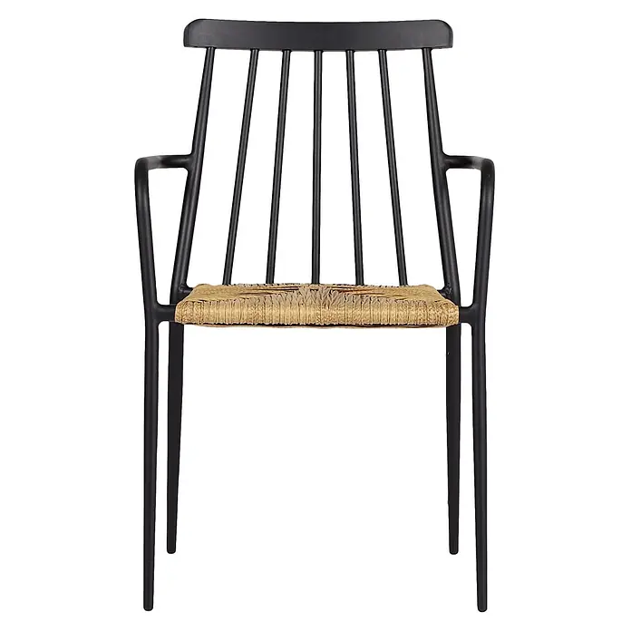 Ebuy24 Gartenstuhl Evira - Aluminium, Rattan Rattan = Polyrattan, Schwarz, B x T x H: 58 x 54 x 84 cm - Schwarzer Stuhl mit Lattenrücken, Armlehnen und geflochtener Naturfasersitzfläche.