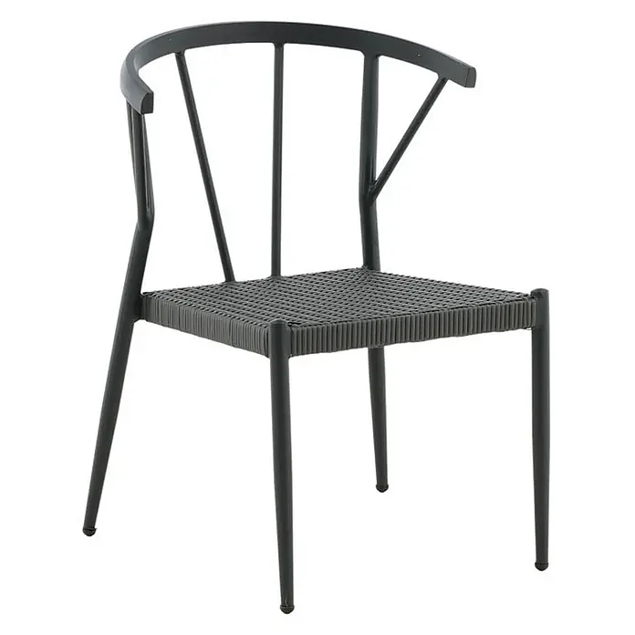 Ebuy24 Gartenstuhl Stina - 1 Stk., Aluminium, Rattan, Schwarz, B x T x H: 47 x 49 x 78 cm - Dunkelgrauer Stuhl mit gebogenem Metallrahmen und geflochtener Sitzfläche.