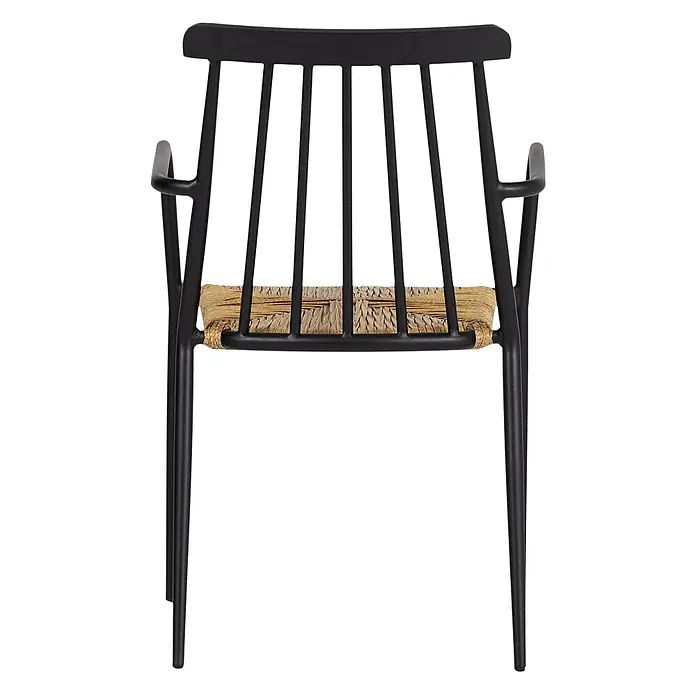 Ebuy24 Gartenstuhl Evira - Aluminium, Rattan Rattan = Polyrattan, Schwarz, B x T x H: 58 x 54 x 84 cm - Schwarzer Stuhl mit Spindelrückenlehne, Armlehnen und naturgewebter Sitzfläche.