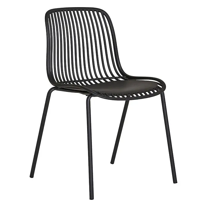 Ebuy24 Gartenstuhl Branson 4er-Set - 4 Stk., PP, Stahl, Schwarz, B x T x H: 47 x 55 x 82 cm - Moderner schwarzer Stuhl mit Lamellenrückenlehne und fester Sitzfläche auf schlanken Beinen.