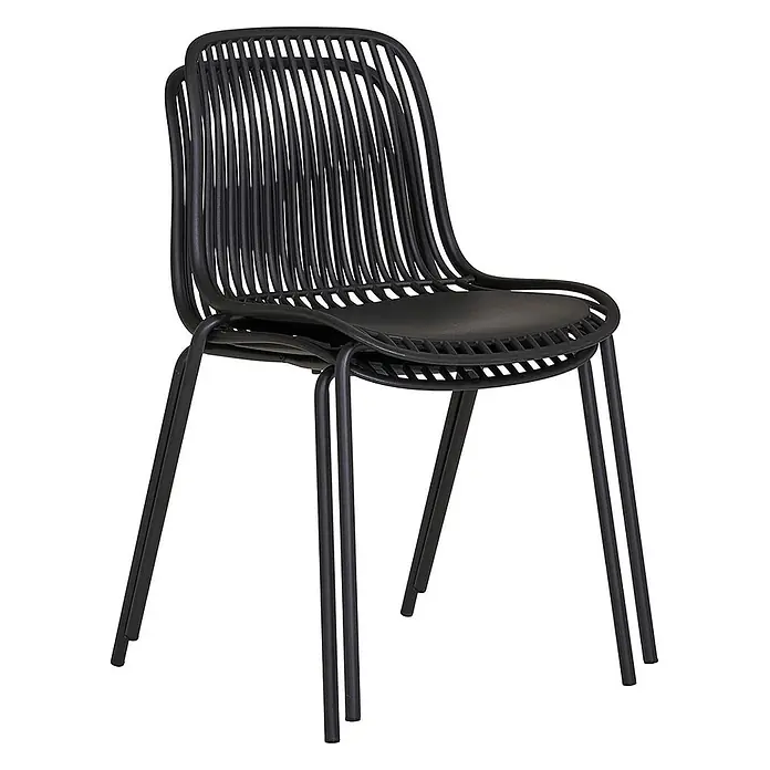 Ebuy24 Gartenstuhl Branson 4er-Set - 4 Stk., PP, Stahl, Schwarz, B x T x H: 47 x 55 x 82 cm - Zwei schwarze stapelbare Stühle mit Lattenrost-Sitzflächen und -Rückenlehnen.