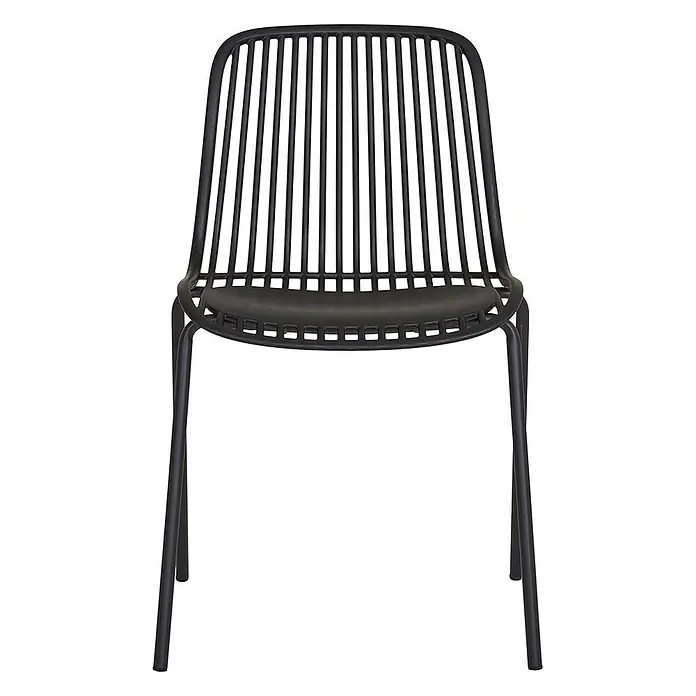 Ebuy24 Gartenstuhl Branson 4er-Set - 4 Stk., PP, Stahl, Schwarz, B x T x H: 47 x 55 x 82 cm - Schwarzer Stuhl mit Lamellenrückenlehne und Sitzfläche sowie dünnen Metallbeinen.