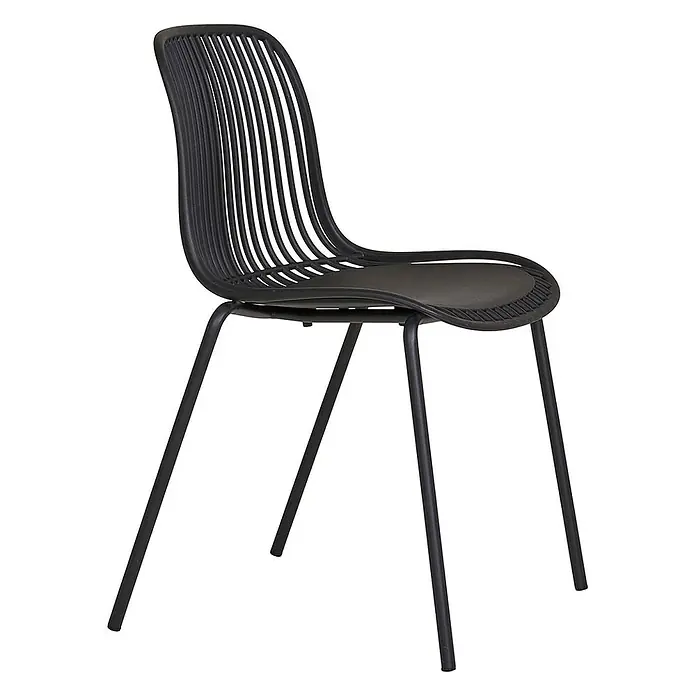 Ebuy24 Gartenstuhl Branson 4er-Set - 4 Stk., PP, Stahl, Schwarz, B x T x H: 47 x 55 x 82 cm - Schwarzer moderner Stuhl mit Lattenrückenlehne und geformter Sitzfläche.