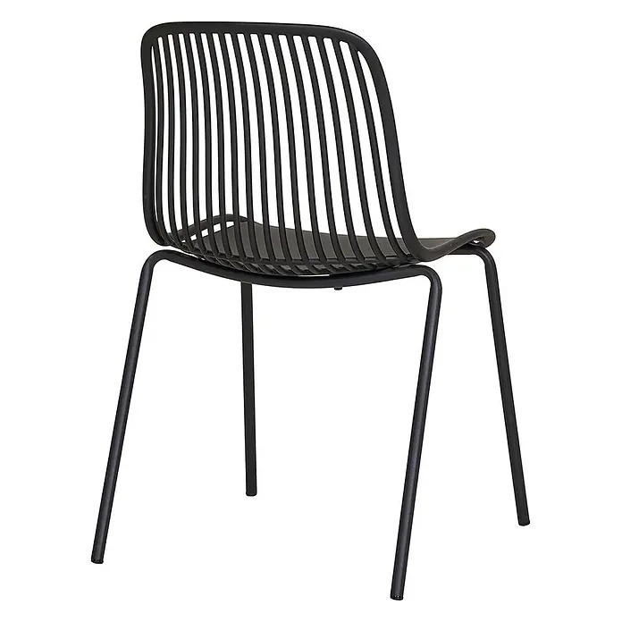 Ebuy24 Gartenstuhl Branson 4er-Set - 4 Stk., PP, Stahl, Schwarz, B x T x H: 47 x 55 x 82 cm - Schwarzer Stuhl mit Lamellenlehne und Sitz auf minimalistischem Metallgestell.