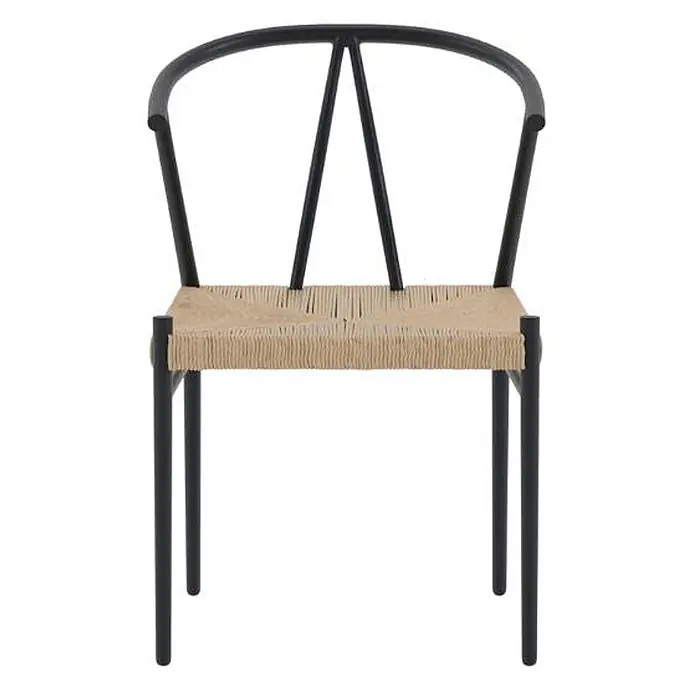 Ebuy24 Gartenstuhl Alfons - 1 Stk., Stahl, Schwarz, B x T x H: 55 x 58 x 74 cm - Schwarzer Metallstuhl mit gebogener Rückenlehne und geflochtener Naturfasersitzfläche.