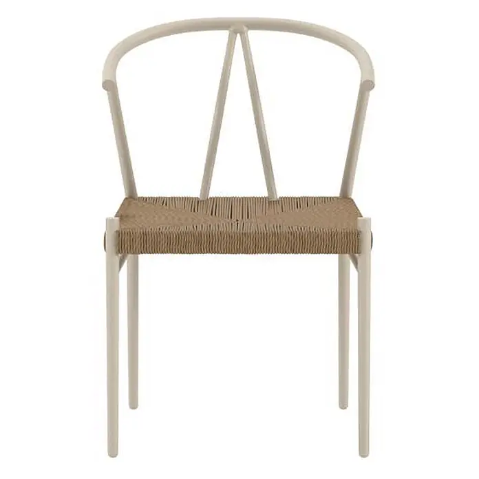 Ebuy24 Gartenstuhl Alfons - 1 Stk., Stahl, Beige, B x T x H: 55 x 58 x 74 cm - Heller beigefarbener Holzstuhl mit geschwungener Rückenlehne und geflochtener Naturfasersitzfläche.