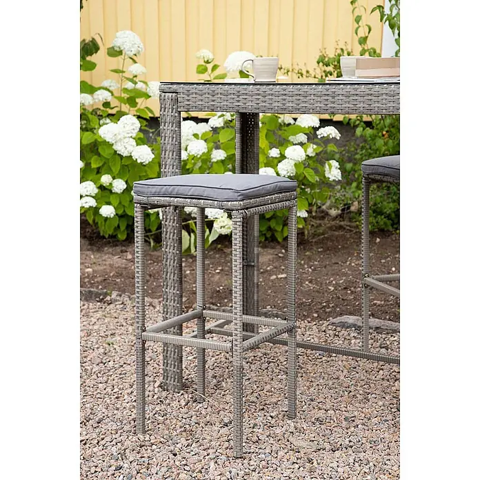 Ebuy24 Gartenstuhl Alo - 1 Stk., Polyester, Stahl, Korbmöbel, Grau, B x T x H: 38 x 38 x 76 cm - Grauer Polyrattan-Barhocker mit grauem Kissen, Teil eines Outdoor-Barsets.