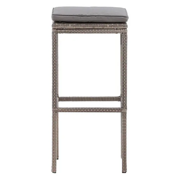 Ebuy24 Gartenstuhl Alo - 1 Stk., Polyester, Stahl, Korbmöbel, Grau, B x T x H: 38 x 38 x 76 cm - Grauer Barhocker aus geflochtenem Rattan mit quadratischem grauen Kissen.