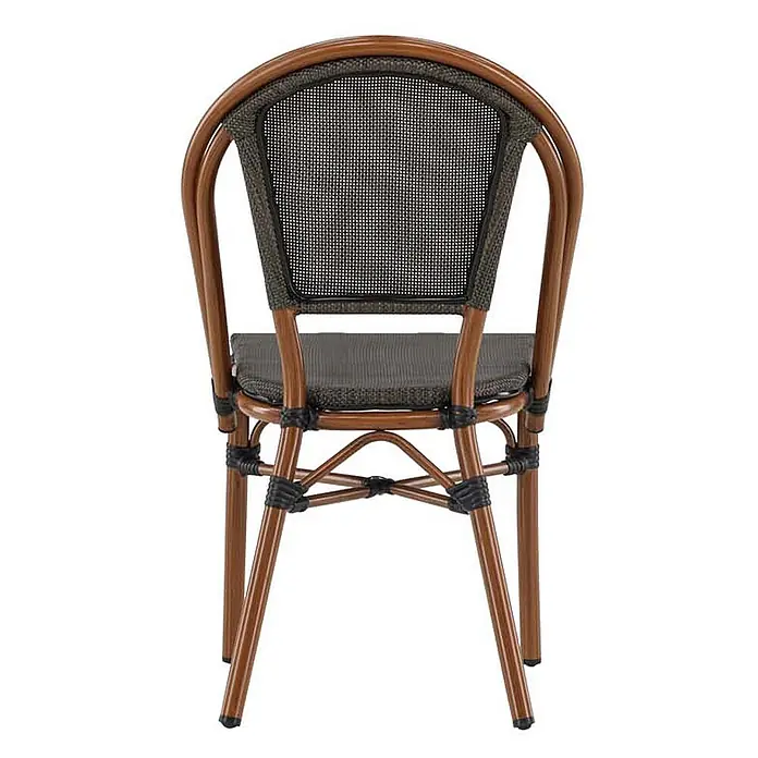Ebuy24 Gartenstuhl Guarda 2er-Set - Aluminum, Schwarz, B x T x H: 50 x 57 x 85 cm - Rückenansicht eines braun gerahmten Outdoor-Stuhls mit dunkelgrauem Geflecht aus Rückenlehne und Sitzkissen.