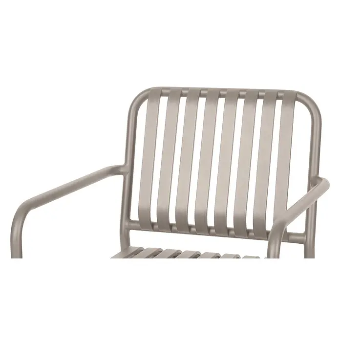 Ebuy24 Gartenstuhl Stella 2er-Set - Aluminium, Grau, B x T x H: 57 x 63 x 83 cm - Nahaufnahme einer hellgrauen Stuhllehne und Armlehnen mit Lamellen.