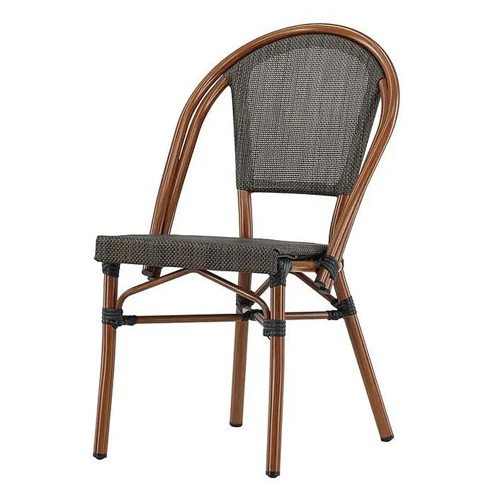 Ebuy24 Gartenstuhl Guarda 2er-Set - Aluminum, Schwarz, B x T x H: 50 x 57 x 85 cm - Bistrostuhl mit hellbraunem Aluminiumrahmen und dunkelbraunem geflochtenem Sitz und Rückenlehne.
