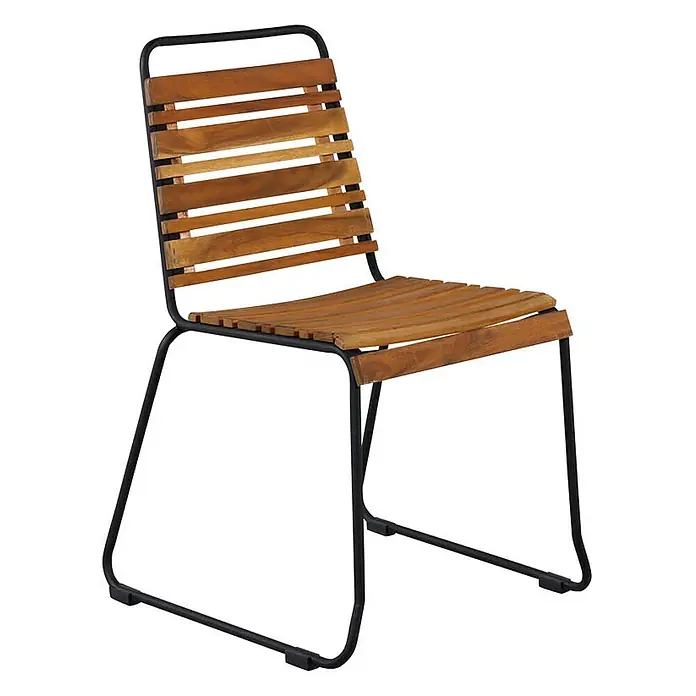 Ebuy24 Gartenstuhl Bois 4er-Set - 4 Stk., Stahl, Holz, Akazie Dekor, B x T x H: 57 x 59 x 86 cm - Stuhl mit Lattenrückenlehne und Sitzfläche aus Holz, getragen von einem schwarzen Metallgestell.