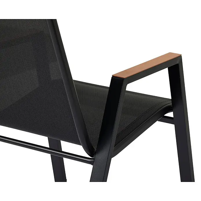 Ebuy24 Gartenstuhl Nadine - 1 Stk., Stahl, Textilene, Schwarz, B x T x H: 55 x 75 x 90 cm - Schwarzer Netzstuhl mit schwarzem Metallrahmen und Holzarmlehne.