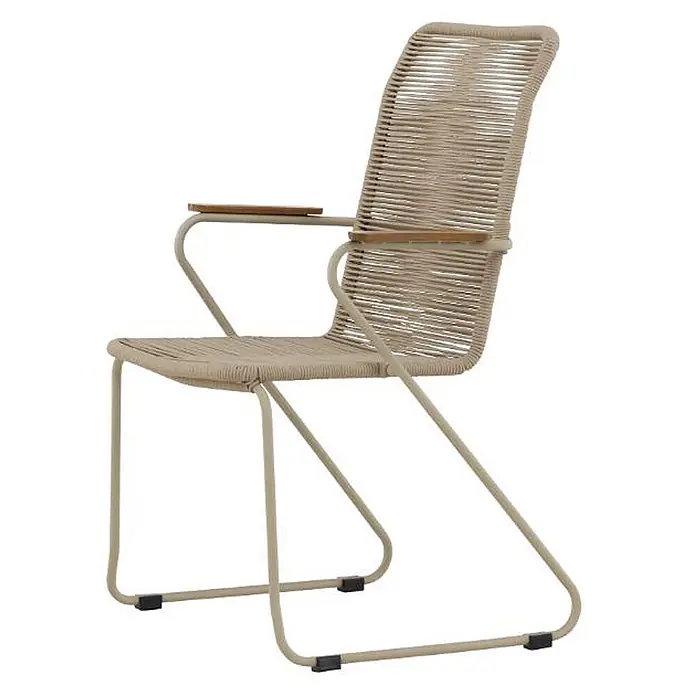 Ebuy24 Gartenstuhl Bois - Stahl, Beige, B x T x H: 63 x 65 x 93 cm - Beiger Outdoor-Stuhl mit geflochtener Seilbespannung, Metallrahmen und Holzarmlehnen.