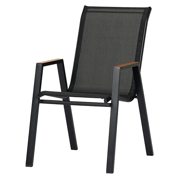 Ebuy24 Gartenstuhl Nadine - 1 Stk., Stahl, Textilene, Schwarz, B x T x H: 55 x 75 x 90 cm - Schwarzer Outdoor-Stuhl aus Metall und Netzstoff mit Holzarmlehnen.