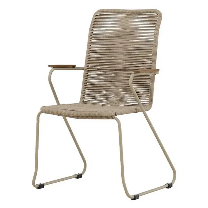 Ebuy24 Gartenstuhl Bois - Stahl, Beige, B x T x H: 63 x 65 x 93 cm - Beiger Outdoor-Stuhl mit geflochtener Seilsitzfläche und Rückenlehne, Metallrahmen und Holzarmlehnen.