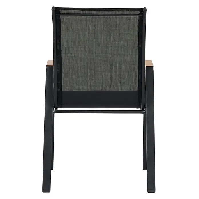 Ebuy24 Gartenstuhl Nadine - 1 Stk., Stahl, Textilene, Schwarz, B x T x H: 55 x 75 x 90 cm - Rückansicht eines modernen Gartenstuhls mit schwarzem Metallgestell, schwarzer Netzlehne und Holzarmlehnen.
