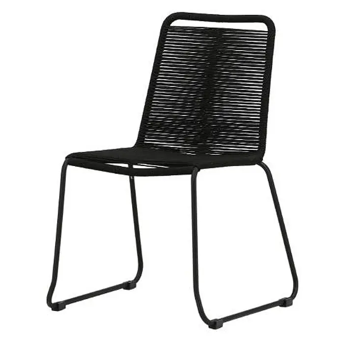 Ebuy24 Gartenstuhl Lindos - 1 Stk., Polyesterseil, Schwarz, B x T x H: 57 x 59 x 86 cm - Schwarzer Stuhl mit geflochtener Sitzfläche und Rückenlehne aus Kordel auf einem schwarzen Metallgestell.