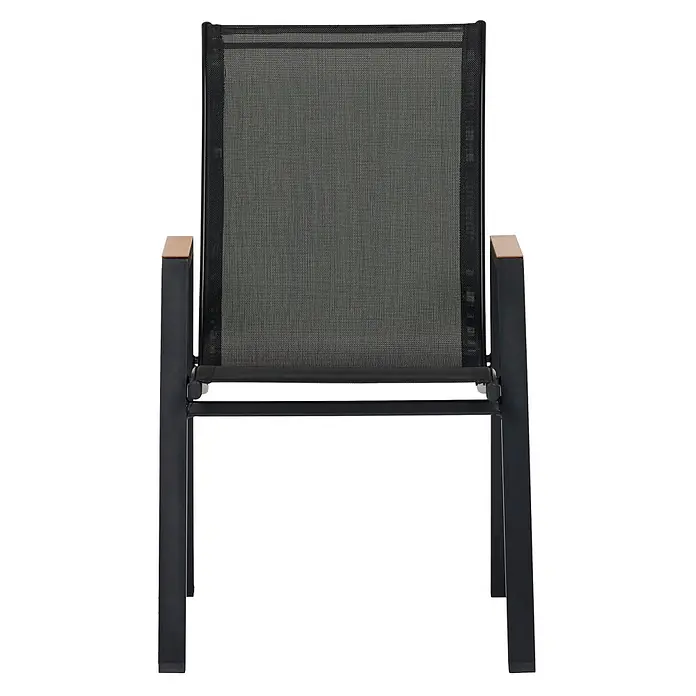 Ebuy24 Gartenstuhl Nadine - 1 Stk., Stahl, Textilene, Schwarz, B x T x H: 55 x 75 x 90 cm - Schwarzer Metall-Outdoorstuhl mit schwarzem Netzgewebe und Armlehnen aus Holz, Vorderansicht.