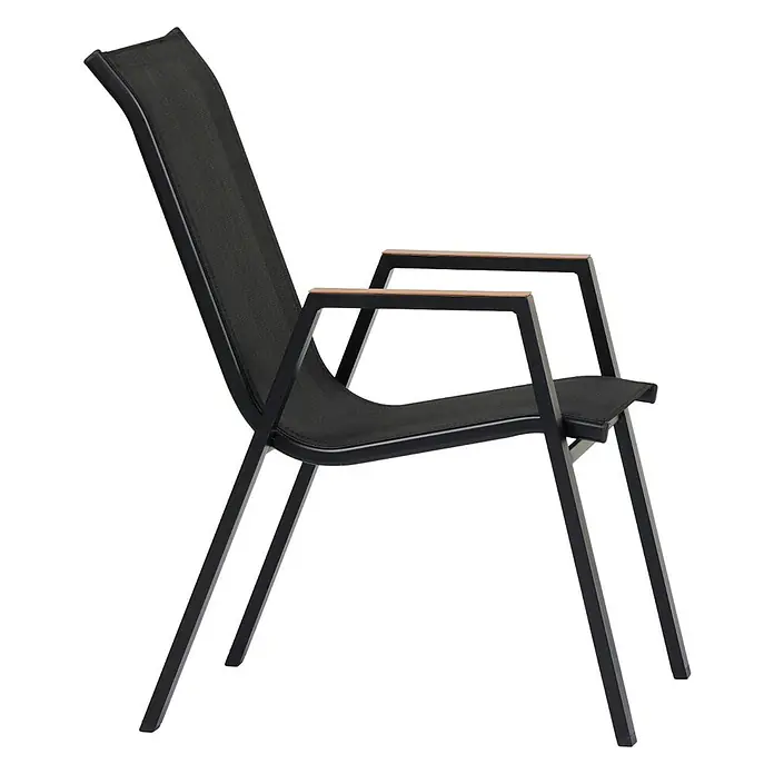 Ebuy24 Gartenstuhl Nadine - 1 Stk., Stahl, Textilene, Schwarz, B x T x H: 55 x 75 x 90 cm - Schwarzer Outdoor-Stuhl aus Metall mit schwarzem Stoffbezug und Holzarmlehnen.