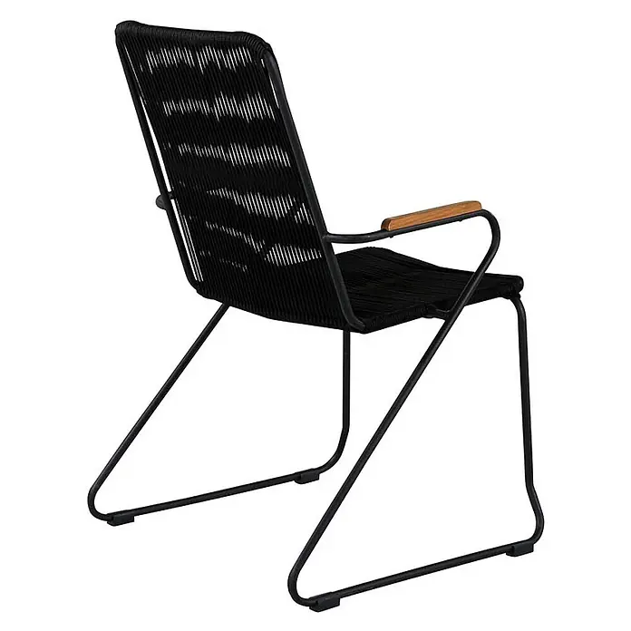 Ebuy24 Gartenstuhl Bois 2er-Set - 100 % Polyester (Seil), Stahl, Holz, Schwarz, B x T x H: 60 x 63 x 93 cm - Schwarzer Stuhl mit geflochtener Schnursitzfläche und Rückenlehne, schwarzem Metallkufengestell und Holzarmlehnen-Details.