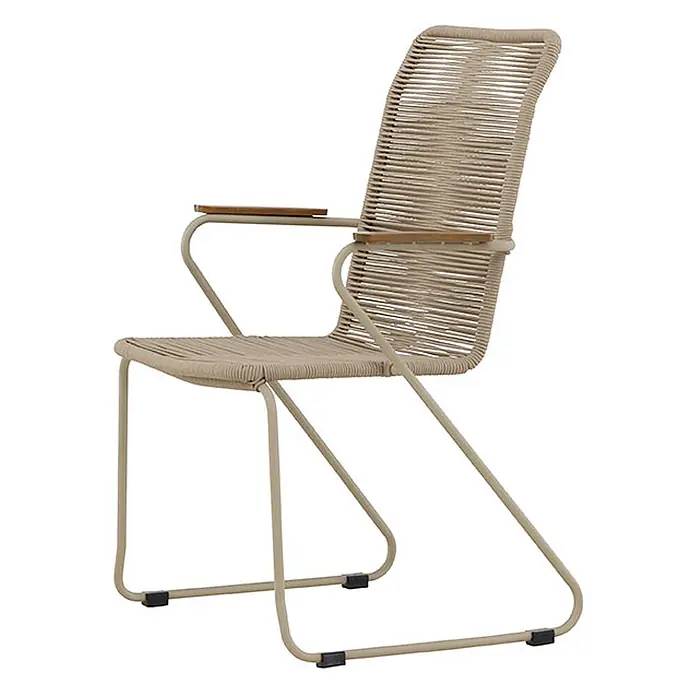Ebuy24 Gartenstuhl Bois - AkazieSeilStahl, Beige, B x T x H: 63 x 65 x 93 cm - Beiger Metallstuhl mit geflochtener Kordel-Sitzfläche und -Rückenlehne sowie Holzarmlehnen.