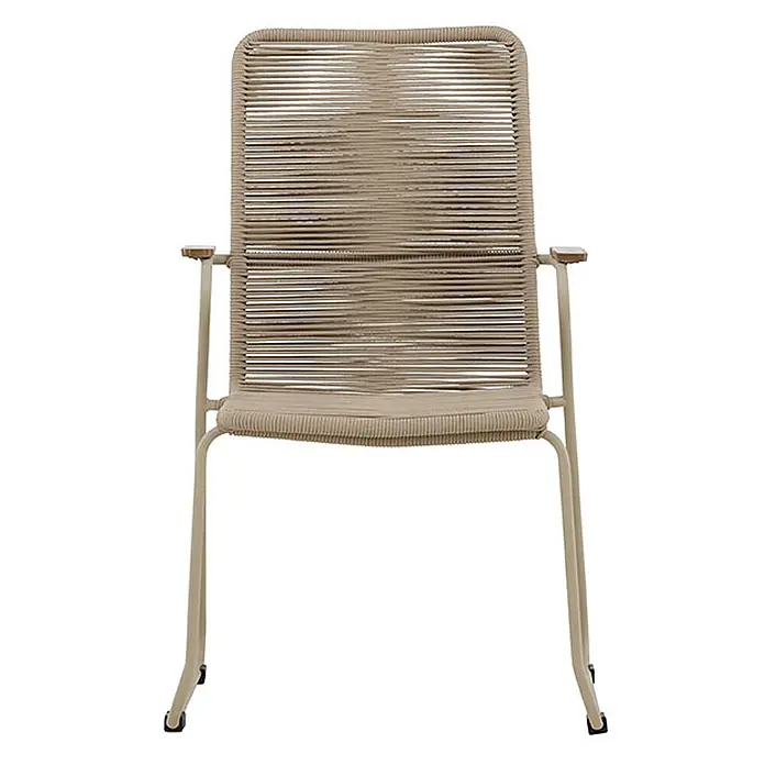 Ebuy24 Gartenstuhl Bois - AkazieSeilStahl, Beige, B x T x H: 63 x 65 x 93 cm - Heller beiger Outdoor-Stuhl mit geflochtener Rückenlehne und Sitzfläche aus Seil und Metallrahmen mit Holzarmlehnen.
