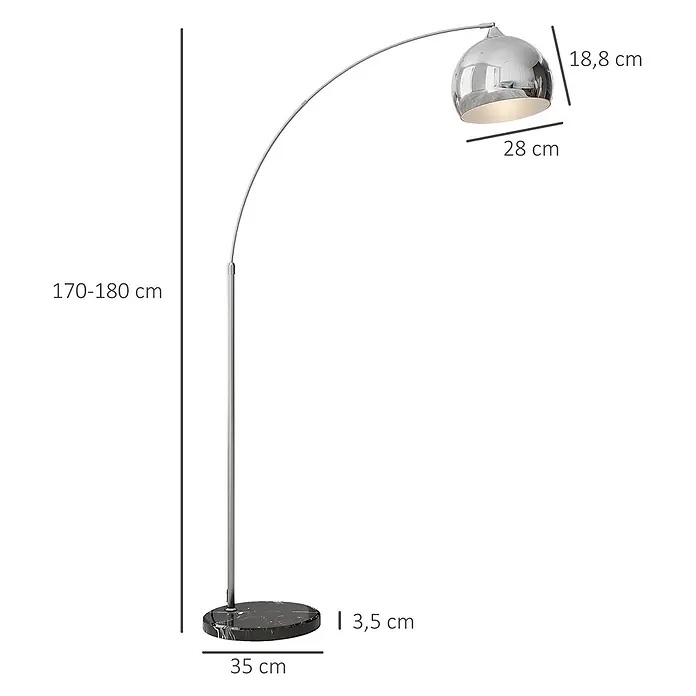 Homcom Stehleuchte - 40 W, Höhe: 180 cm, Silber, Silber, E27 - Moderne Stehleuchte mit geschwungenem silberfarbenem Arm, kugelförmigem Chromschirm und rundem schwarzen Marmorfuß.