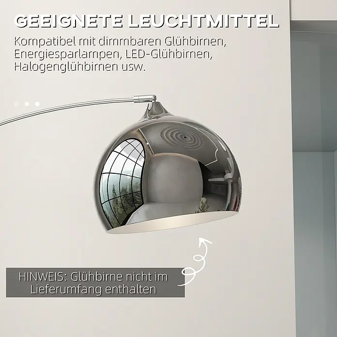Homcom Stehleuchte - 40 W, Höhe: 180 cm, Silber, Silber, E27 - Silberne Bogenlampe mit reflektierendem Kuppelschirm.